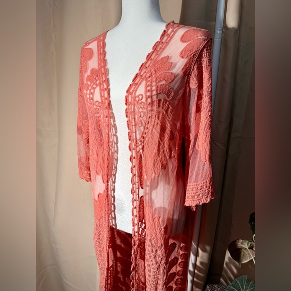 Rebellion Again Coral Pink Sheer Lace Maxi Duster Cardigan - Medium - NWT - Picture 6 of 11